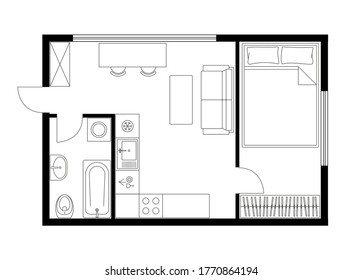 Apartment plan layout studio, condominium, flat, house. One bedroom plan apartment small space. Interior design elements kitchen, bedroom, bathroom with furniture. Vector floorplan living room.