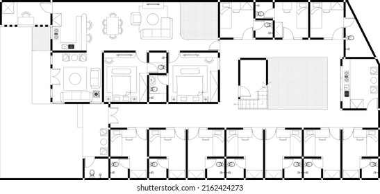 apartment plan sketch with bedroom and bathroom