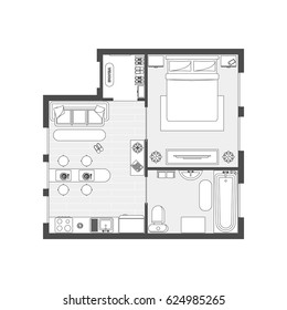 Apartment Plan witch Furniture Thin Line Interior Design Set Top View. Vector illustration