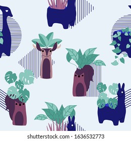 apartment plants in animals pots with geometric elements, seamless pattern, perfect to use on the web or in print