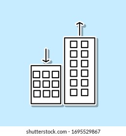 Los precios de los apartamentos cambian, el icono de la pegatina sube. Línea delgada simple, contorno vectorial de iconos de bienes raíces para ui y ux, sitio web o aplicación móvil