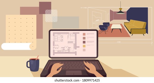 Apartment renovation design planning. Vector mockup for a layout landing page or design advertising banner.