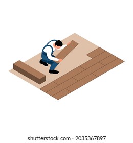 Apartment renovation isometric icon with worker laying parquet 3d vector illustration