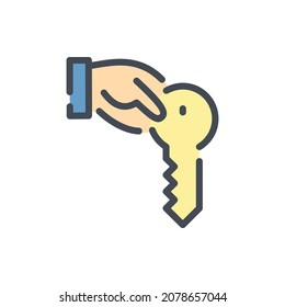 Apartment rent color line icon. Hand with key vector outline colorful sign.
