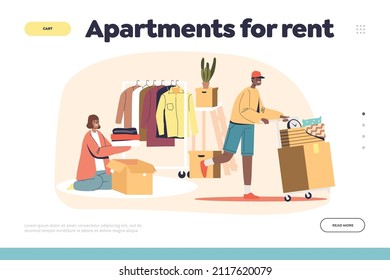 Apartment for rent concept of landing page with couple packing and loading cardboard boxes preparing for relocation to new house. Male loader carrying boxes to car. Cartoon flat vector illustration