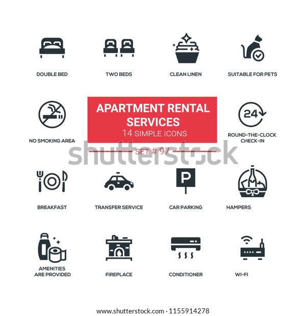 Apartment rental service - flat design style icons
set. Clean linen, suitable for pets, no smoking area, double bed,
round-the-clock check-in, breakfast, transfer, car parking,
conditioner, wi-fi