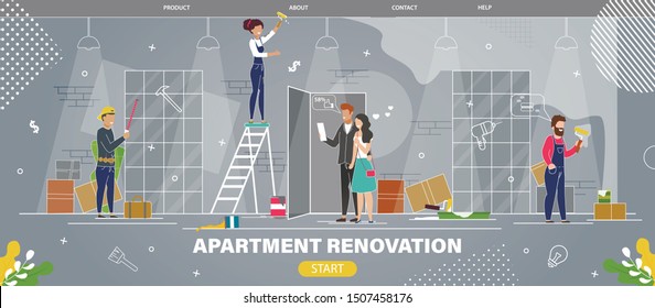 Apartment Repair Service, Renovation Company Flat Vector Web Banner, Landing Page Template. Happy Couple Watching for Workers Work in Their New Dwelling, Waiting for Renovation Finishing Illustration