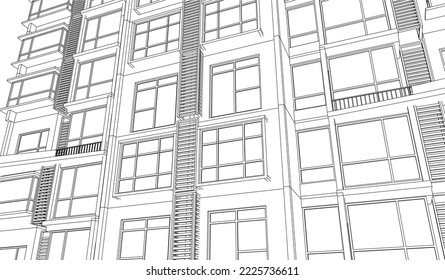 Apartment residential building façade perspective 3D Line drawing illustration eps10