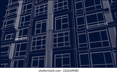 Apartment residential building façade perspective 3D Line drawing illustration eps10 blueprint