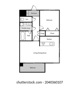 Apartment sample layout. 1 Bedroom, 1 bathroom.