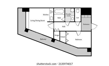 Apartment sample layout. 1 Bedroom, 1 Bathroom, Corner room.