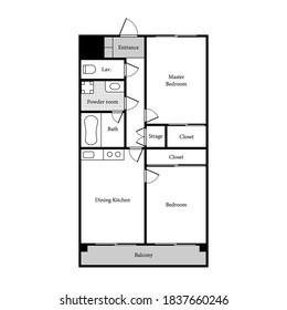 Apartment sample layout. 2 Bedrooms, 1 bathroom.