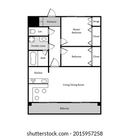 Apartment sample layout. 2 Bedrooms, 1 bathroom.