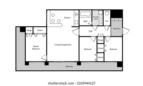 Apartment sample layout. 3 Bedrooms, 1 bathroom.