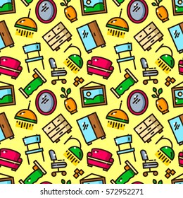 Apartment seamless pattern with objects in line style, home vector illustration
