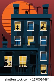 apartment in sunset vector illustration 