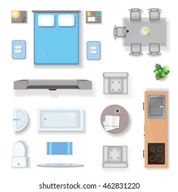 Apartment top view, living room bedroom and bathroom furniture design elements realistic isolated vector