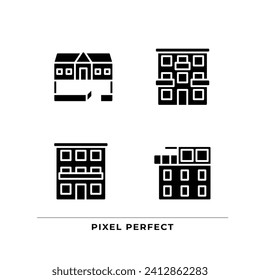 Apartment types black glyph icons set on white space. Ranch house. Condominium flat. Luxury penthouse. Buy real estate. Silhouette symbols. Solid pictogram pack. Vector isolated illustration