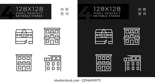 Apartment types pixel perfect linear icons set for dark, light mode. Ranch house. Condominium. Luxury penthouse. Thin line symbols for night, day theme. Isolated illustrations. Editable stroke