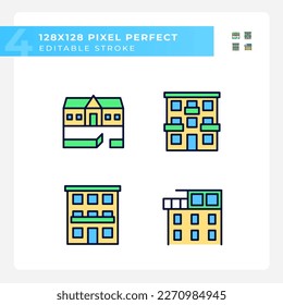 Apartment types pixel perfect RGB color icons set. Ranch house. Condominium flat. Luxury penthouse. Real estate. Isolated vector illustrations. Simple filled line drawings collection. Editable stroke