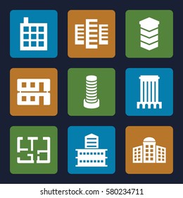 apartment vector icons. Set of 9 apartment filled icons such as building   isolated  sign symbol, building