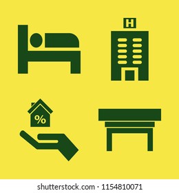 apartment vector icons set. with hand house, nightstand, hotel building and bed in set