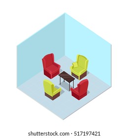 Apartment vector in isometric projection. Room interior with furniture, table and armchairs. Illustration for app icons, infographic, web and games environment design. Isolated on white background