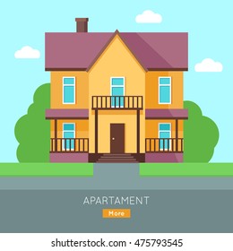 Apartment vector web banner in flat style. Buying a new place for living. Cottage house with bushes and grass illustration for real estate company web page design, advertising, housing concepts.