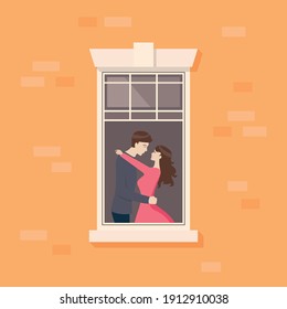 Apartment window with couple are kissing. vector illustration.