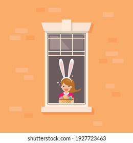 Apartment window with girl wearing bunny ears holding basket full of easter eggs. Happy Easter concept