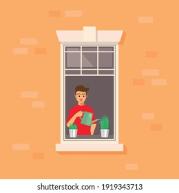 Apartment window with man watering plant. vector illustration.
