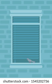 Apartment window outdoor flat vector illustration. Residential building exterior, brick wall. Neighbour window closed with metal pleated blinds. Cartoon bird sitting on windowsill composition