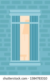 Apartment window outdoor view flat illustration. Residential building exterior, brick wall. Neighbour window half opened with textile jalousies