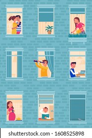 Apartment windows flat vector illustration. Multi-storey house wall exterior background. Building side backdrop. Room residents looking out windows cartoon characters. Neighborhood concept