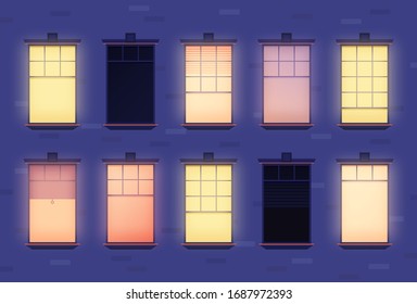 Apartment windows neighborhood. Cartoon house building exterior with opened windows, indoors apartment set flat style. Vector illustration