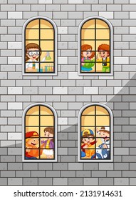 Apartment windows with neighbors cartoon character illustration
