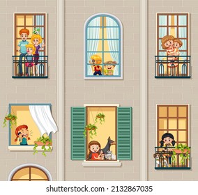 Ventanas de apartamentos con vecinos ilustración de caricaturas