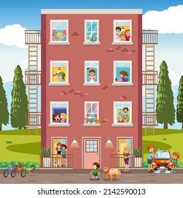 Apartment windows with neighbors cartoon character illustration