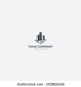 apartment wooden brown and lake wave logo design line art