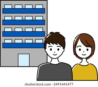 An apartment and a young couple (image of a pair loan, house purchase, etc.)