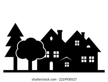 apartments, hotel,  houses and trees, landscape, black silhouette, vector illustration, white background