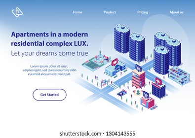 Apartments in Modern Residential Complex Isometric Vector Web Banner. City Luxury Real Estate Object with Perfect Location and Infrastructure Illustration. Construction Company Landing Page Template