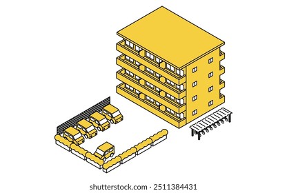 Apartments for rent with parking, Isometric illustration with simple line drawings, Vector Illustration