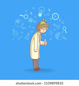 Apathetic Male Scientist Character with Lazy Monster on His Head Vector Illustration