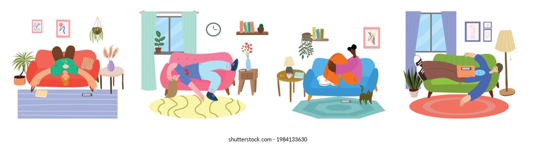 Apathetic people at home concept set. The concept of procrastination and apathy.People are depressed at home.Vector flat illustration.