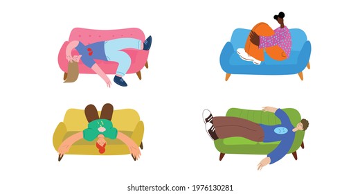 Apathetic young people lying on sofa set. The concept of procrastination and apathy. Lazy people are lying on sofas. People are depressed. Flat illustration. 