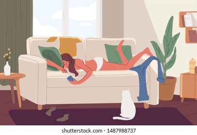 Apathetic young woman lying on sofa in messy room or apartment and surfing internet on smartphone. Lazy girl resting on couch at home. Apathy and indifference. Flat cartoon vector illustration.