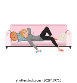 Apathetic young woman lying on sofa in messy room or apartment. Lazy girl resting on couch at home. Apathy and indifference. Flat cartoon vector illustration.