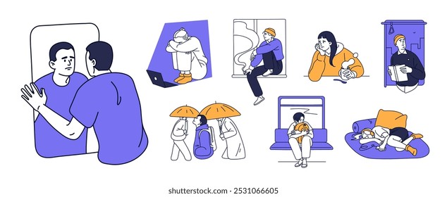 Conjunto de conceito de apatia. Pessoas deprimidas que sofrem de ansiedade. Triste personagem com burnout, melancólico. Homens e mulheres com problemas mentais, distúrbio. Ilustração do vetor de contorno isolado plano em branco