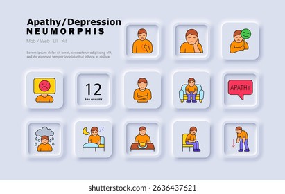 Apathy and depression color icon. Emotion mask, mood drop, tired face, sadness, lack of energy, isolation, sleep disorder, loss of appetite, apathy, crying.